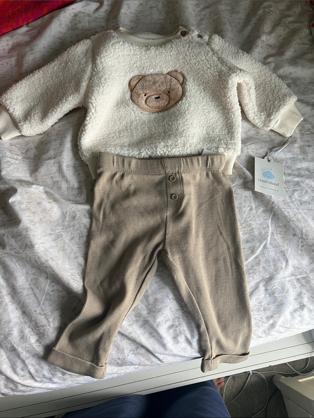 cloud island Cream Teddy Sweatshirt with Tan Ribbed Pants Set